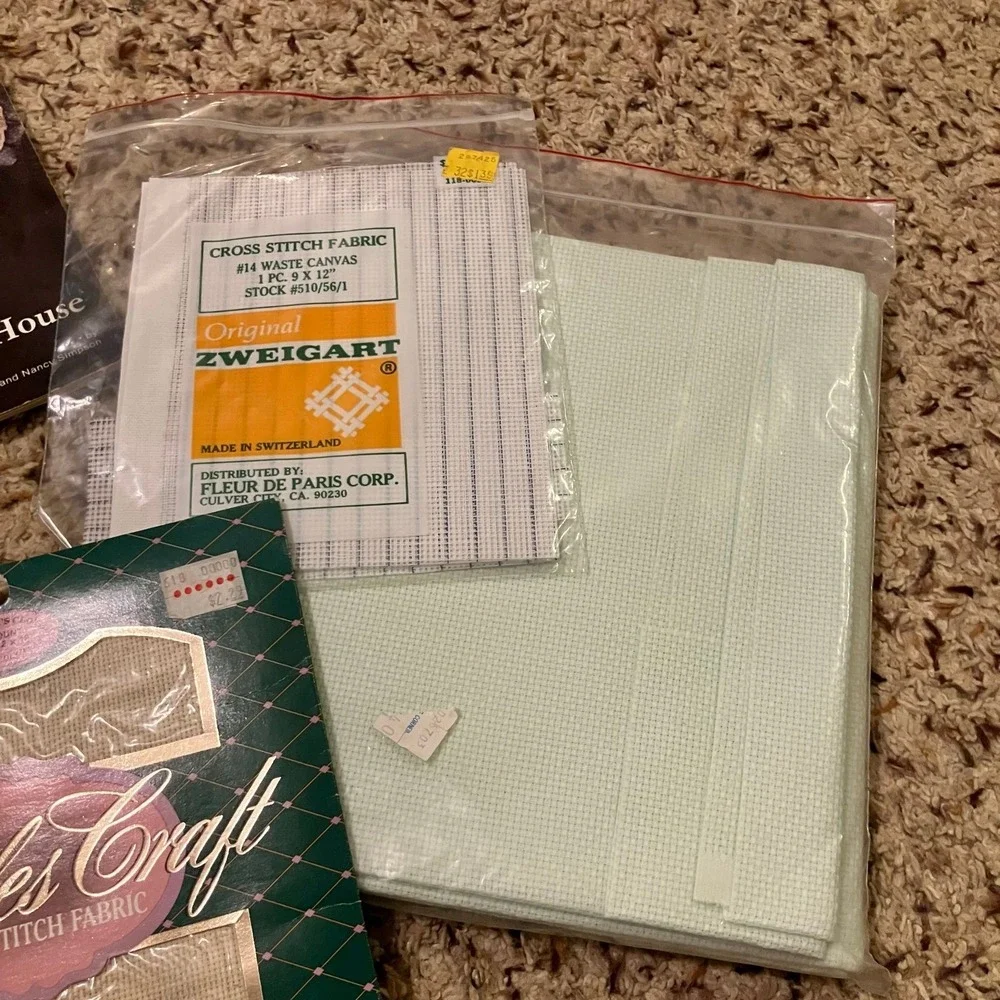 Vintage Cross Stitch Lot: Magazines Patterns Embroidery Hoops Aida Cloth Thread